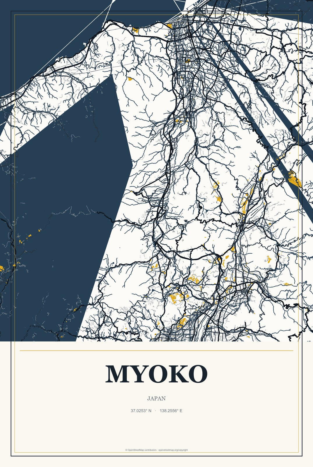 Myoko, Japan City Map Aluminum Sign in Citrine Modern style