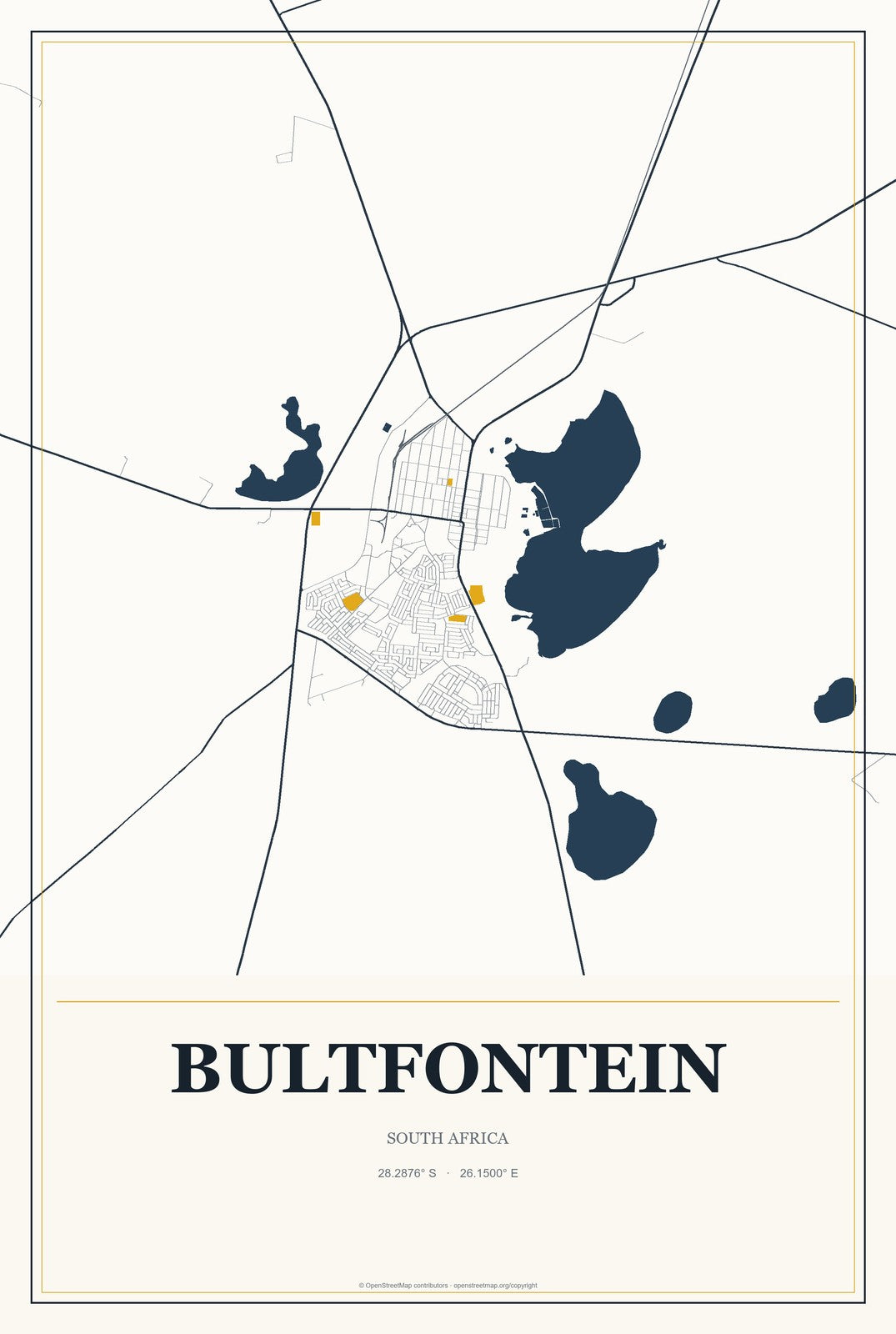 Bultfontein, South Africa City Map Aluminum Sign in Citrine Modern style