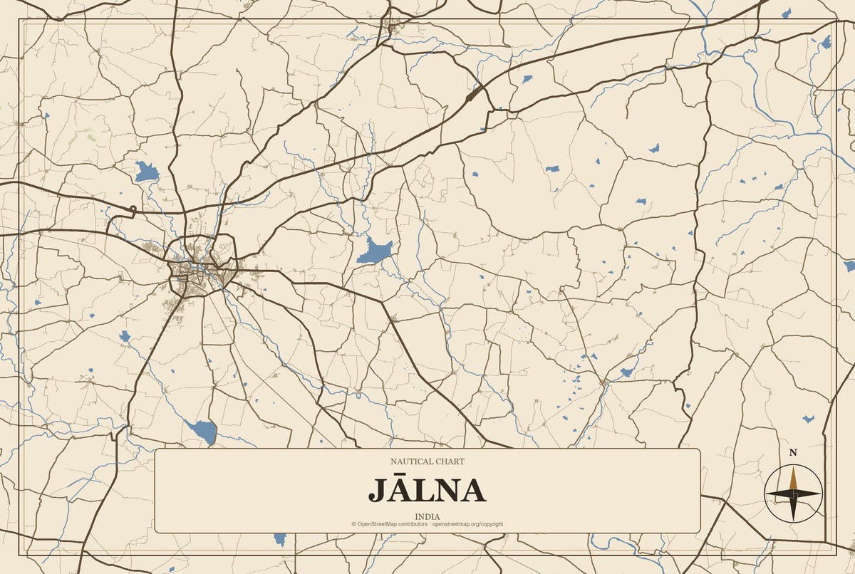 Jālna, India City Map Aluminum Sign in Heritage Nautical style