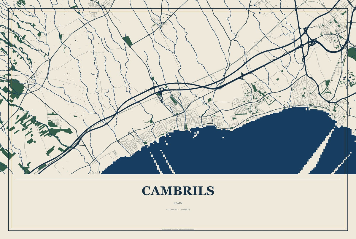 Cambrils, Spain City Map Aluminum Sign in Coastal Cutout style