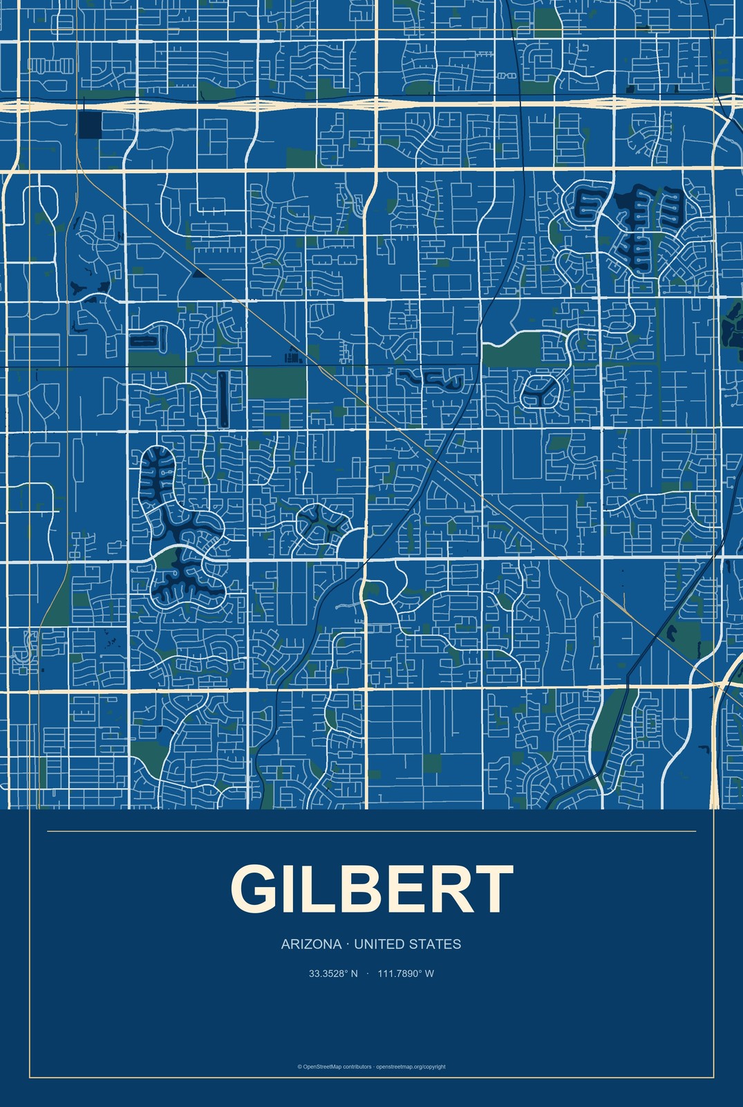 Gilbert, Arizona City Map Aluminum Sign in Harbor Cobalt style