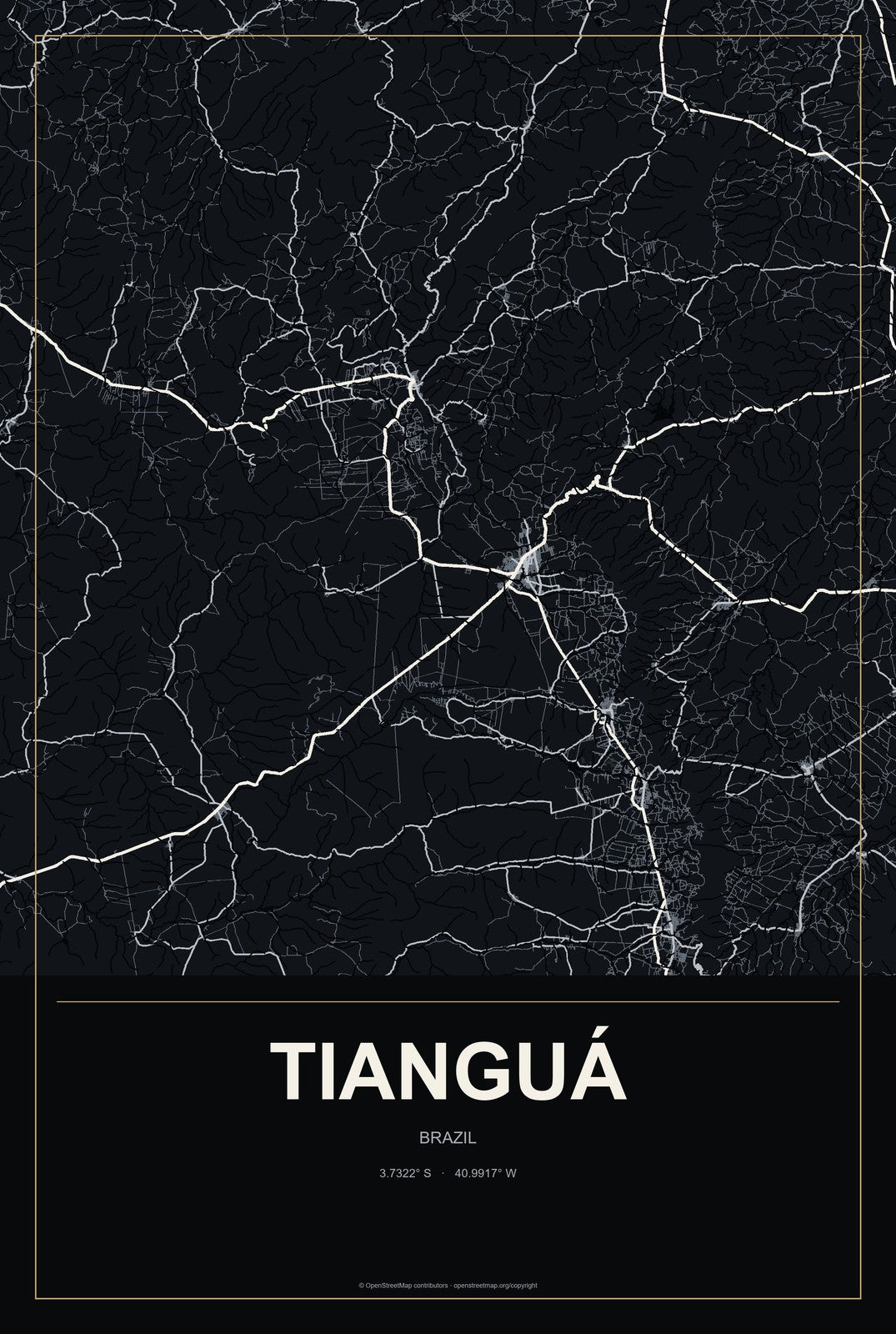 Tianguá, Brazil City Map Aluminum Sign in Metropolitan Noir style