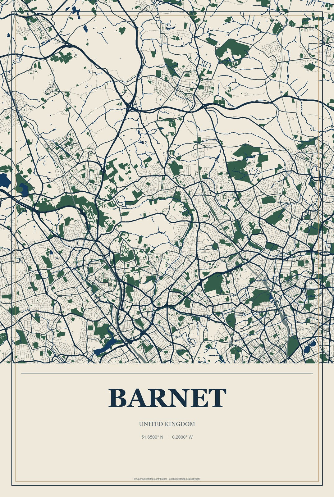 Barnet, United Kingdom City Map Aluminum Sign in Coastal Cutout style