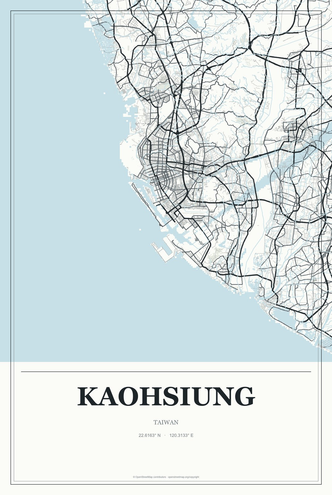 Kaohsiung, Taiwan City Map Aluminum Sign in Gallery Air style