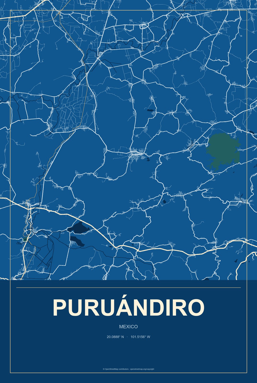 Puruándiro, Mexico City Map Aluminum Sign in Harbor Cobalt style
