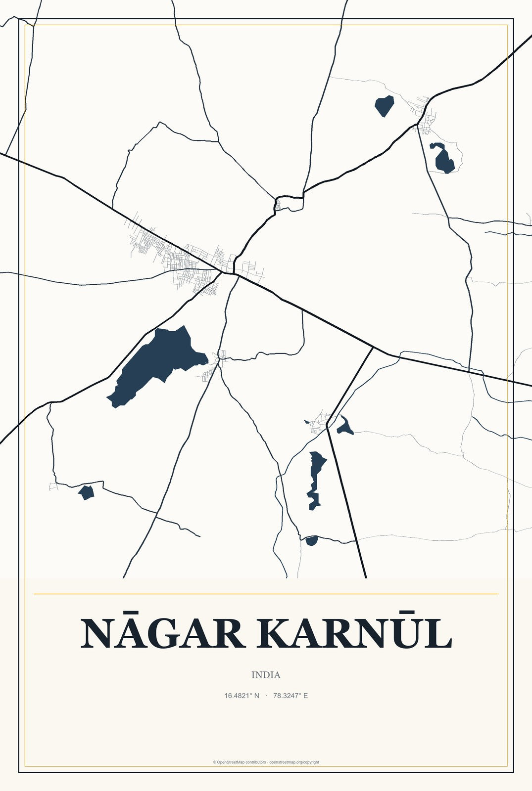 Nāgar Karnūl, India City Map Aluminum Sign in Citrine Modern style