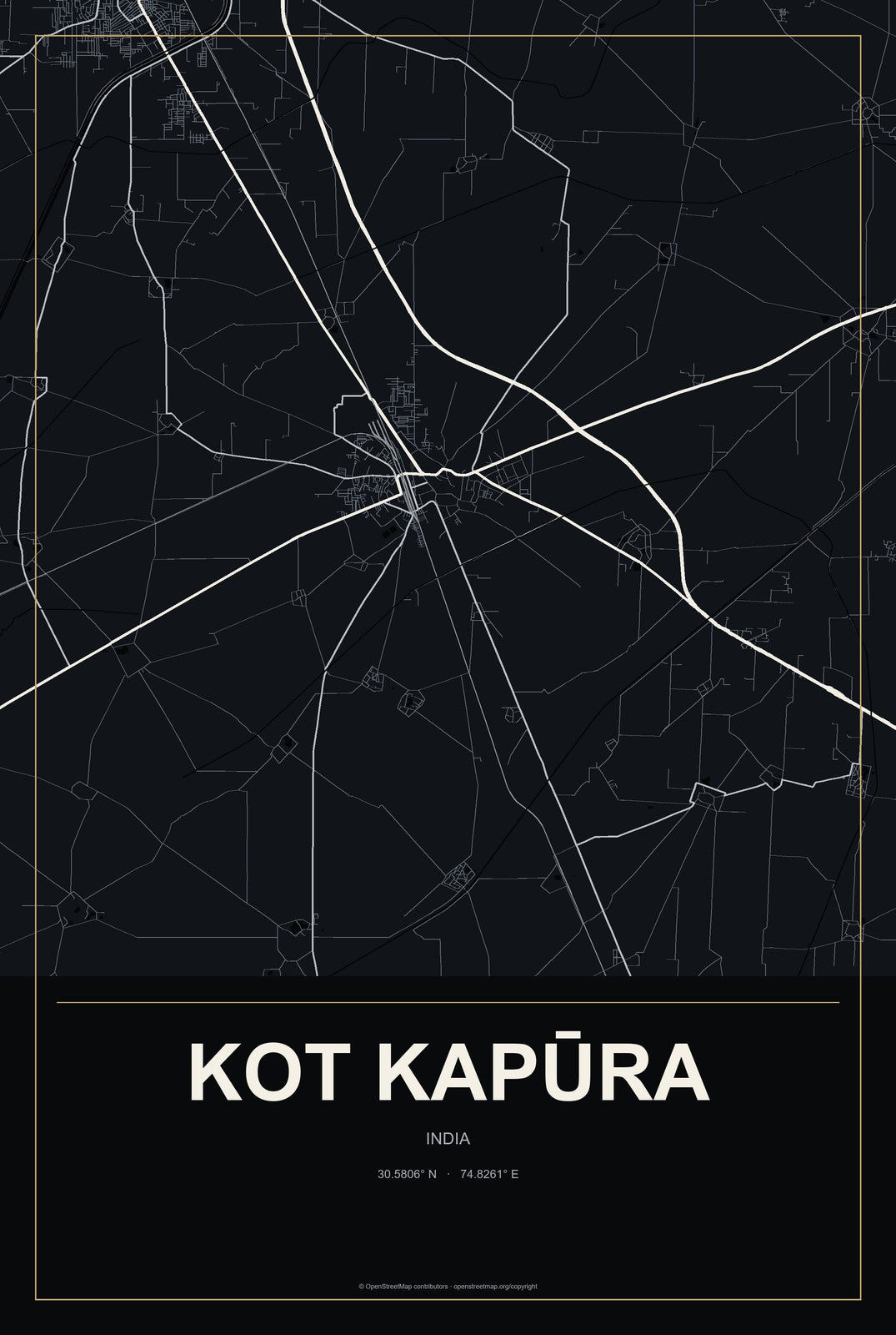 Kot Kapūra, India City Map Aluminum Sign in Metropolitan Noir style