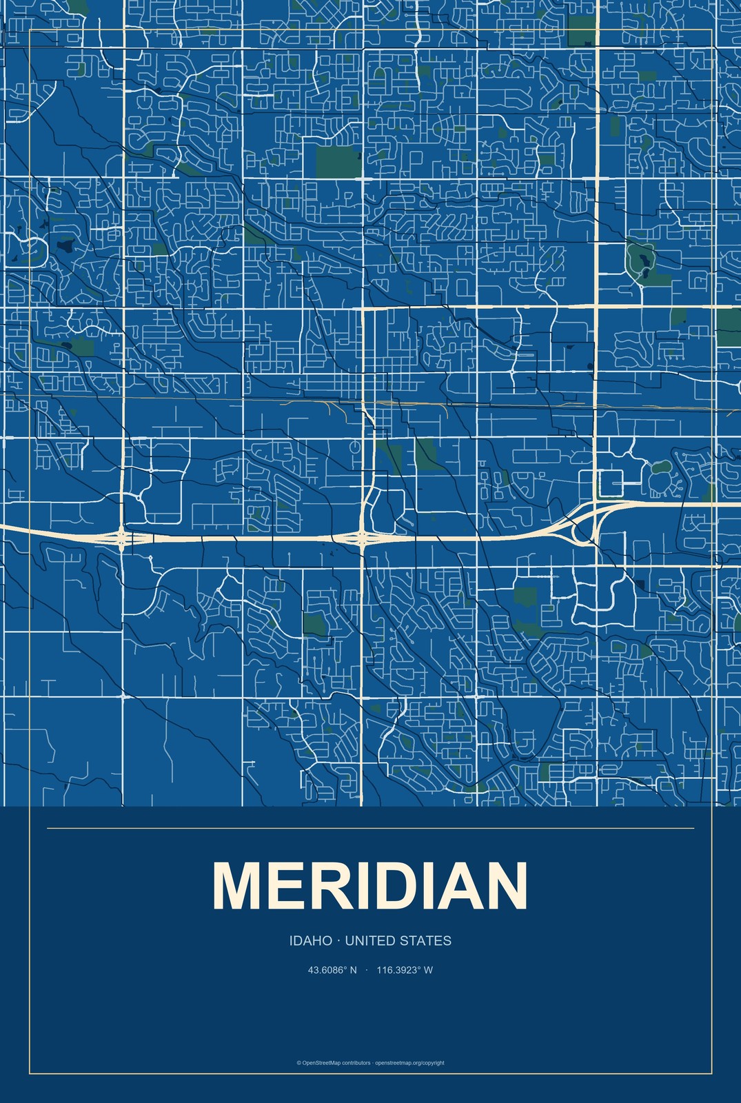 Meridian, Idaho City Map Aluminum Sign in Harbor Cobalt style