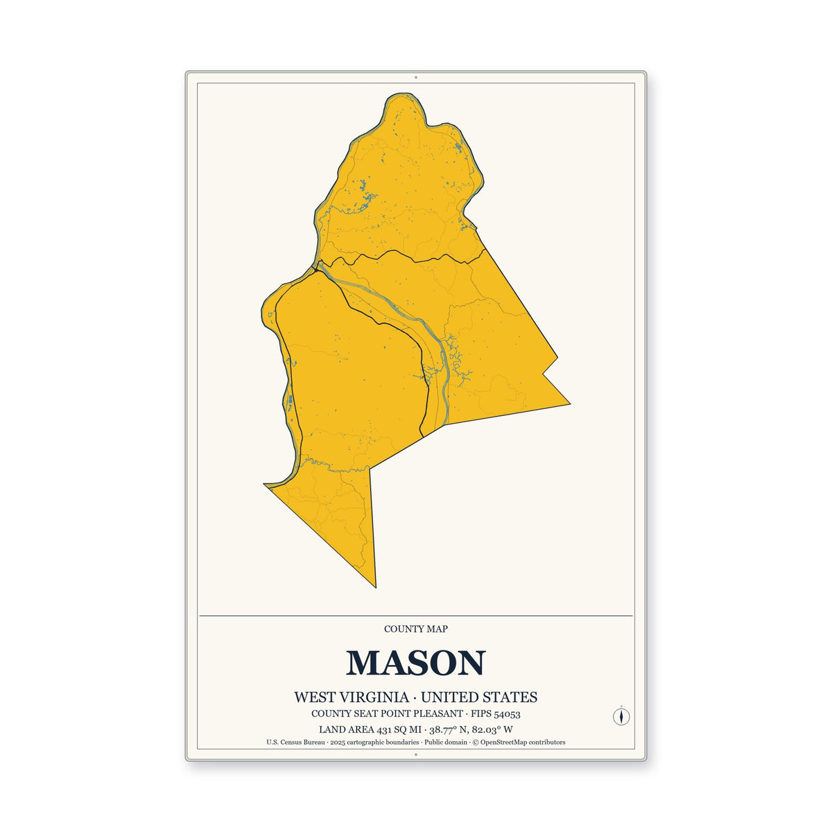 Mason County, West Virginia Map Aluminum Sign in Citrine Modern style