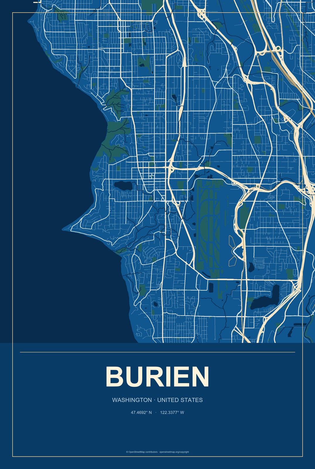 Burien, Washington City Map Aluminum Sign in Harbor Cobalt style