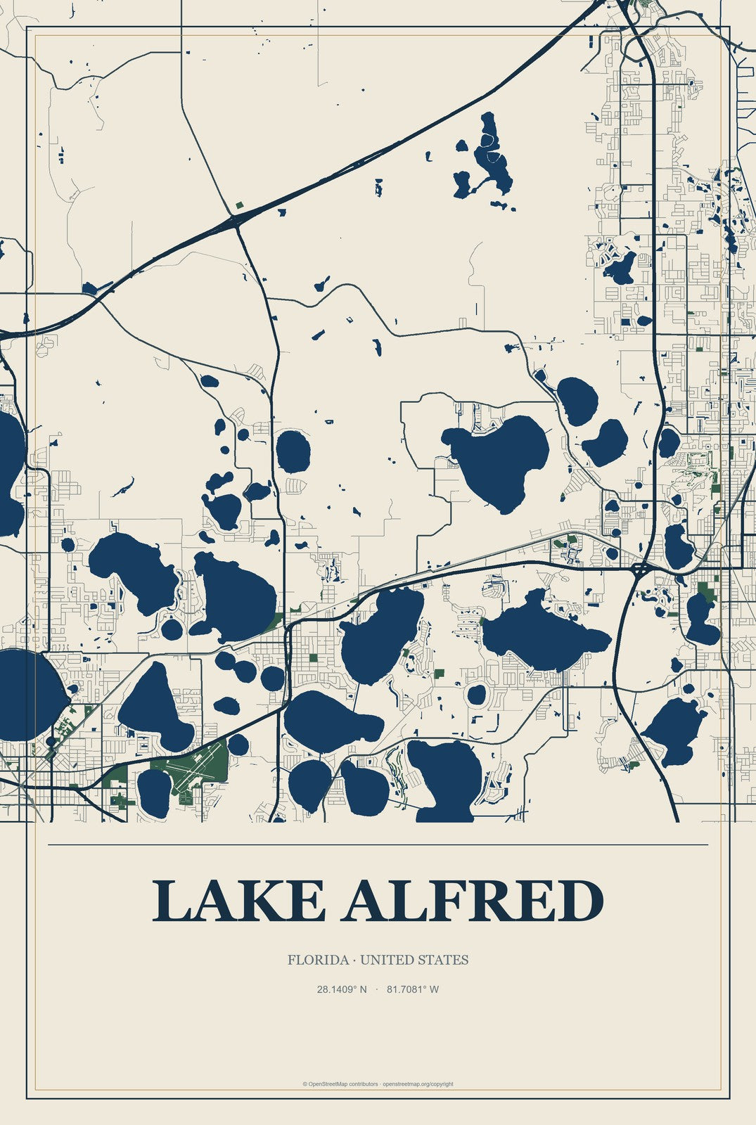 Lake Alfred, Florida City Map Aluminum Sign in Coastal Cutout style