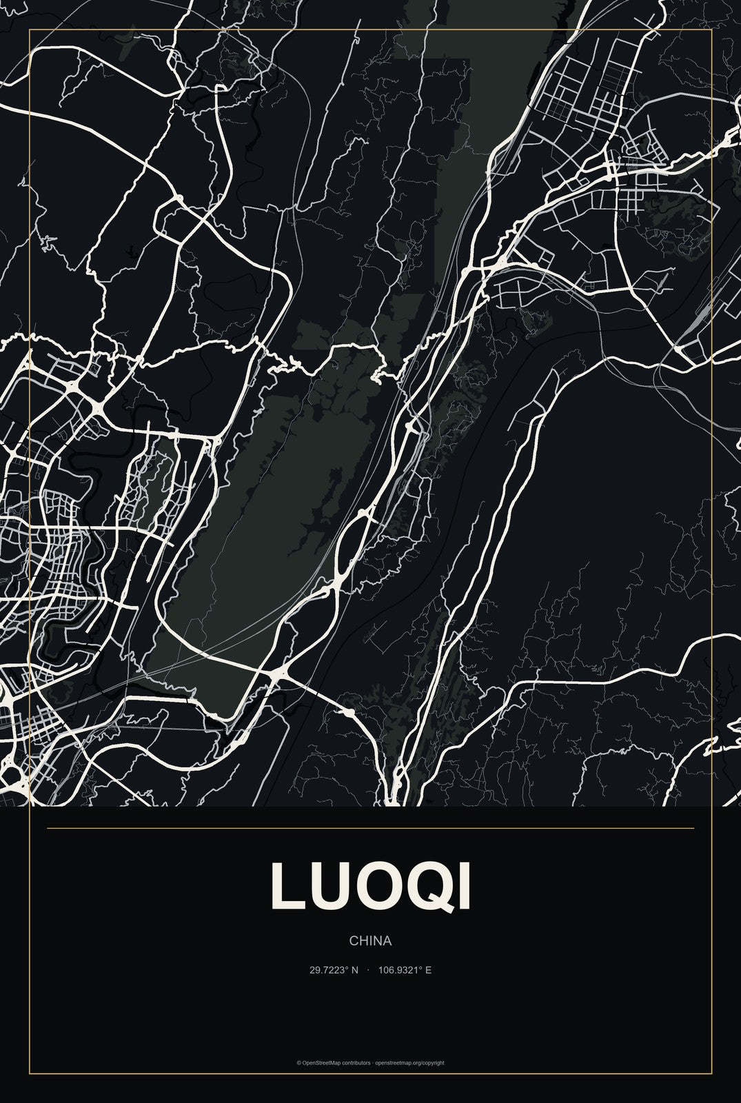 Luoqi, China City Map Aluminum Sign in Metropolitan Noir style