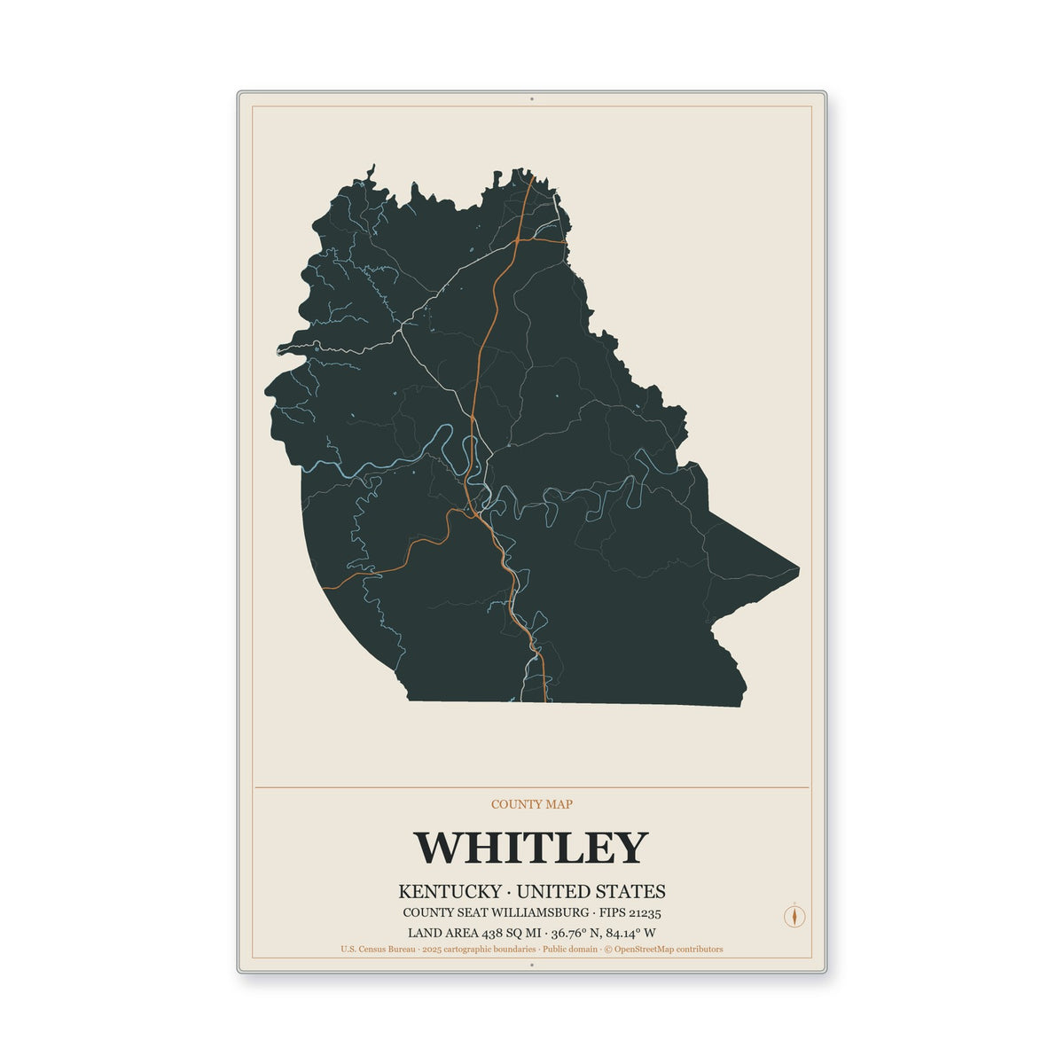 Whitley County, Kentucky Map Aluminum Sign in Headline Atlas style