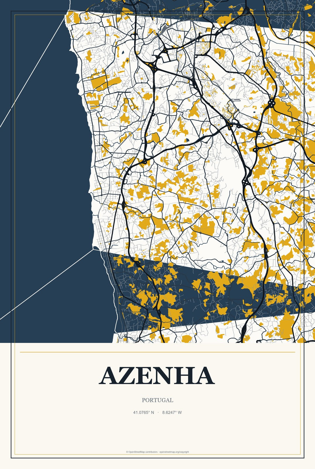 Azenha, Portugal City Map Aluminum Sign in Citrine Modern style