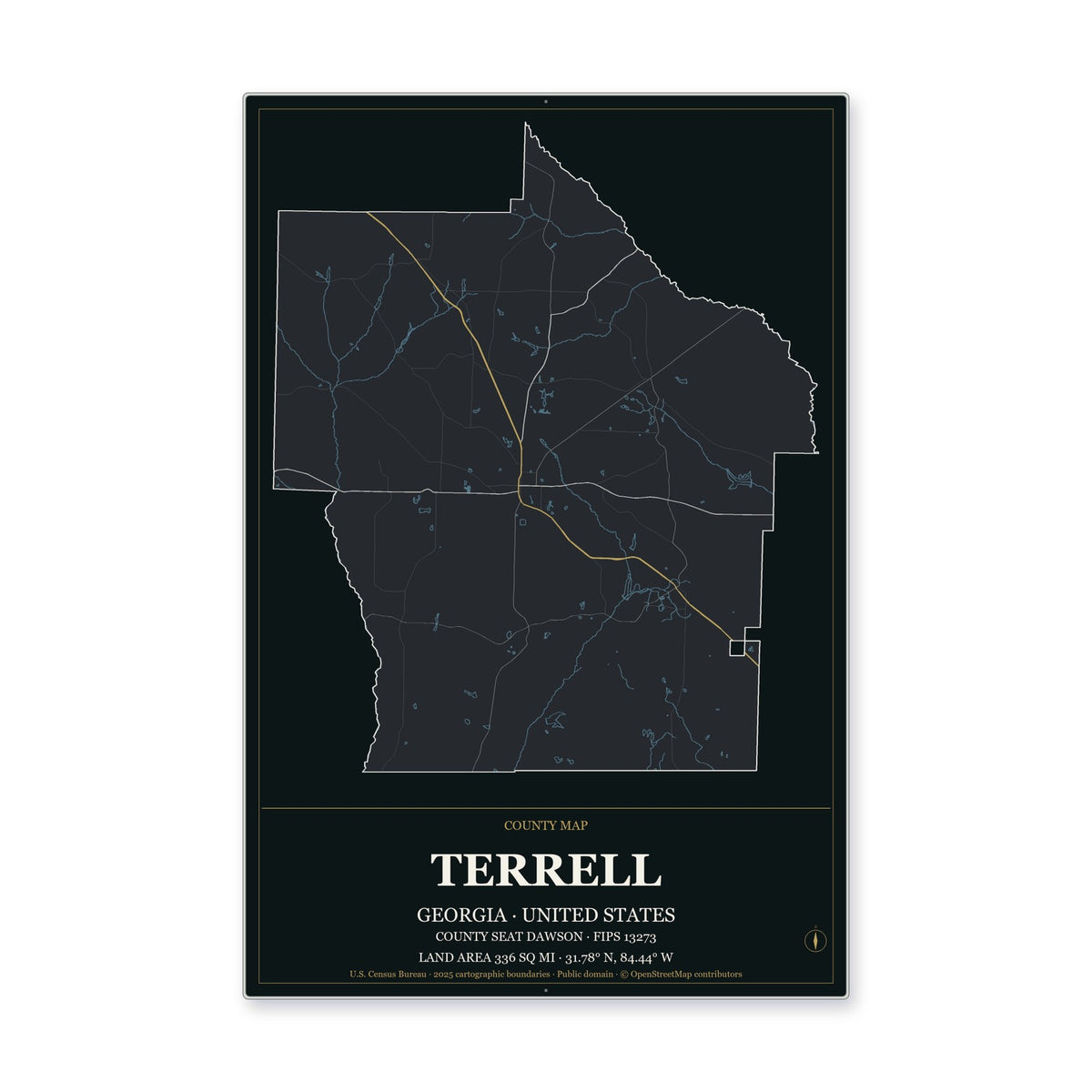Terrell County, Georgia Map Aluminum Sign in Metropolitan Noir style
