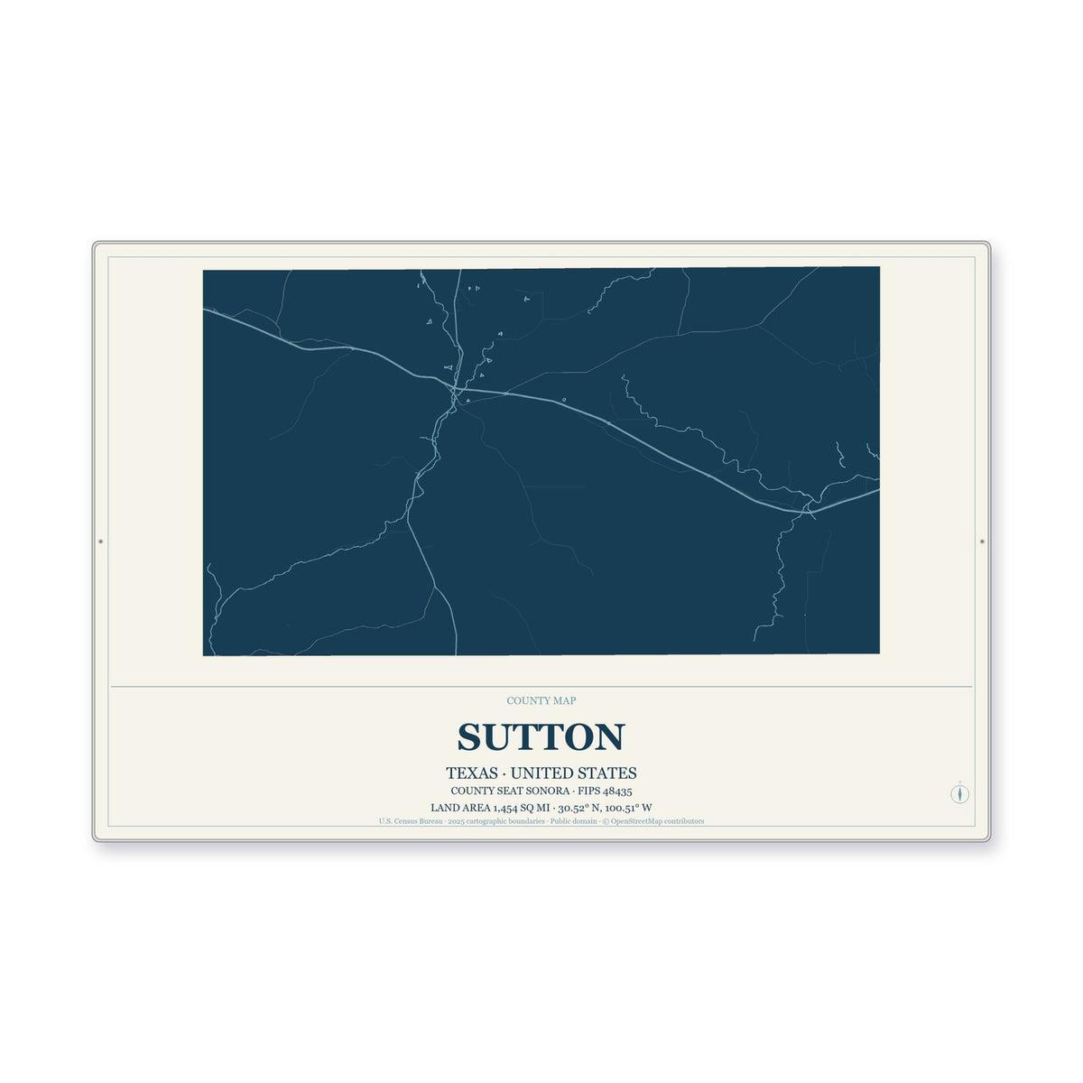 Sutton County, Texas Map Aluminum Sign in Coastal Cutout style