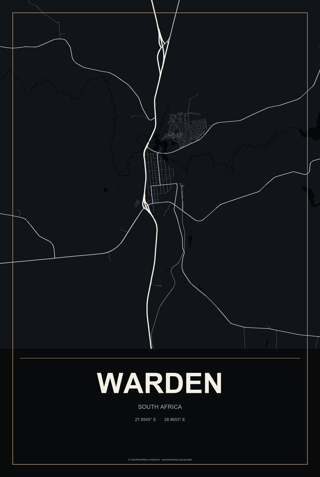 Warden, South Africa City Map Aluminum Sign in Metropolitan Noir style