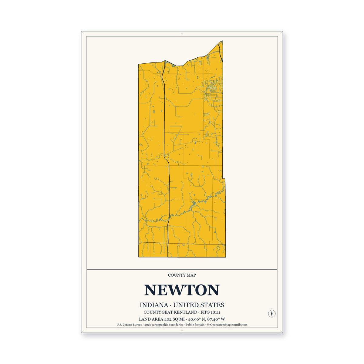 Newton County, Indiana Map Aluminum Sign in Citrine Modern style
