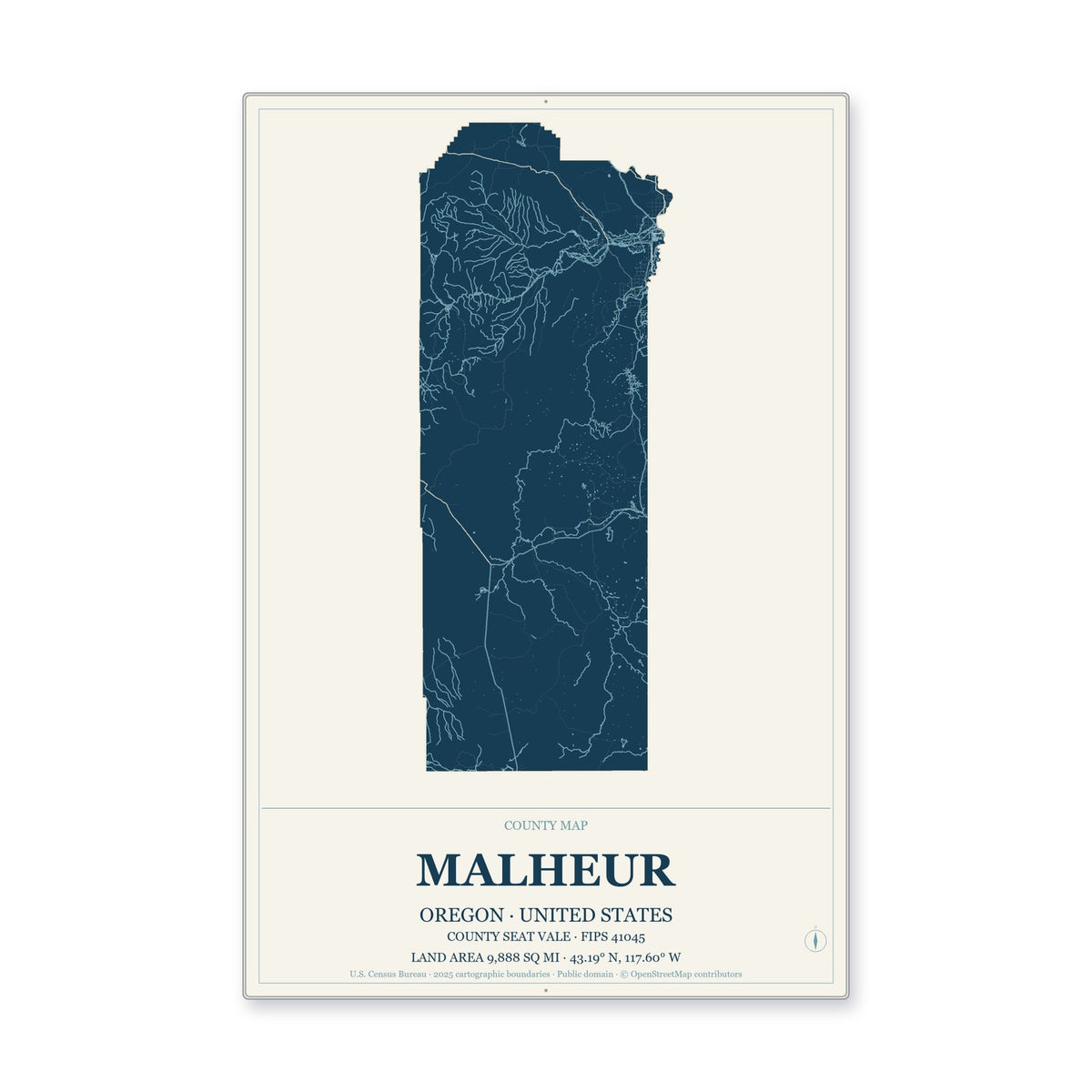 Malheur County, Oregon Map Aluminum Sign in Coastal Cutout style