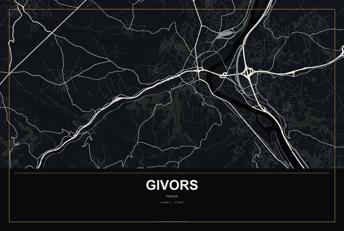 Givors, France City Map Aluminum Sign in Metropolitan Noir style