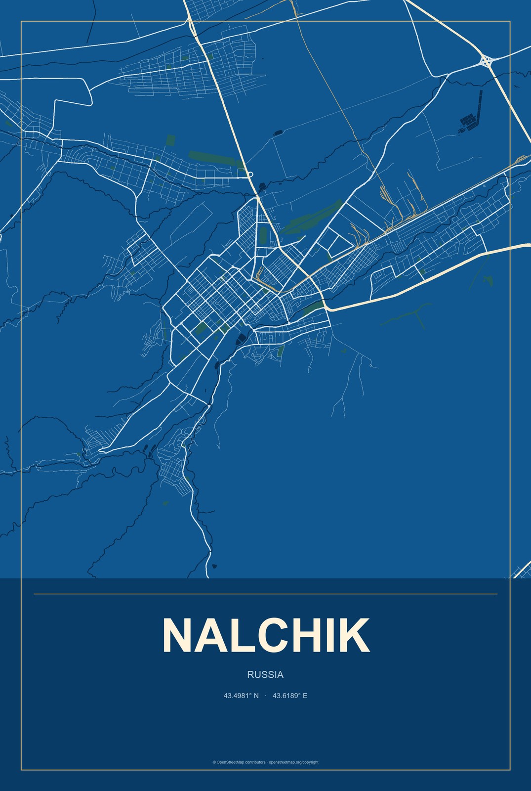 Nalchik, Russia City Map Aluminum Sign in Harbor Cobalt style