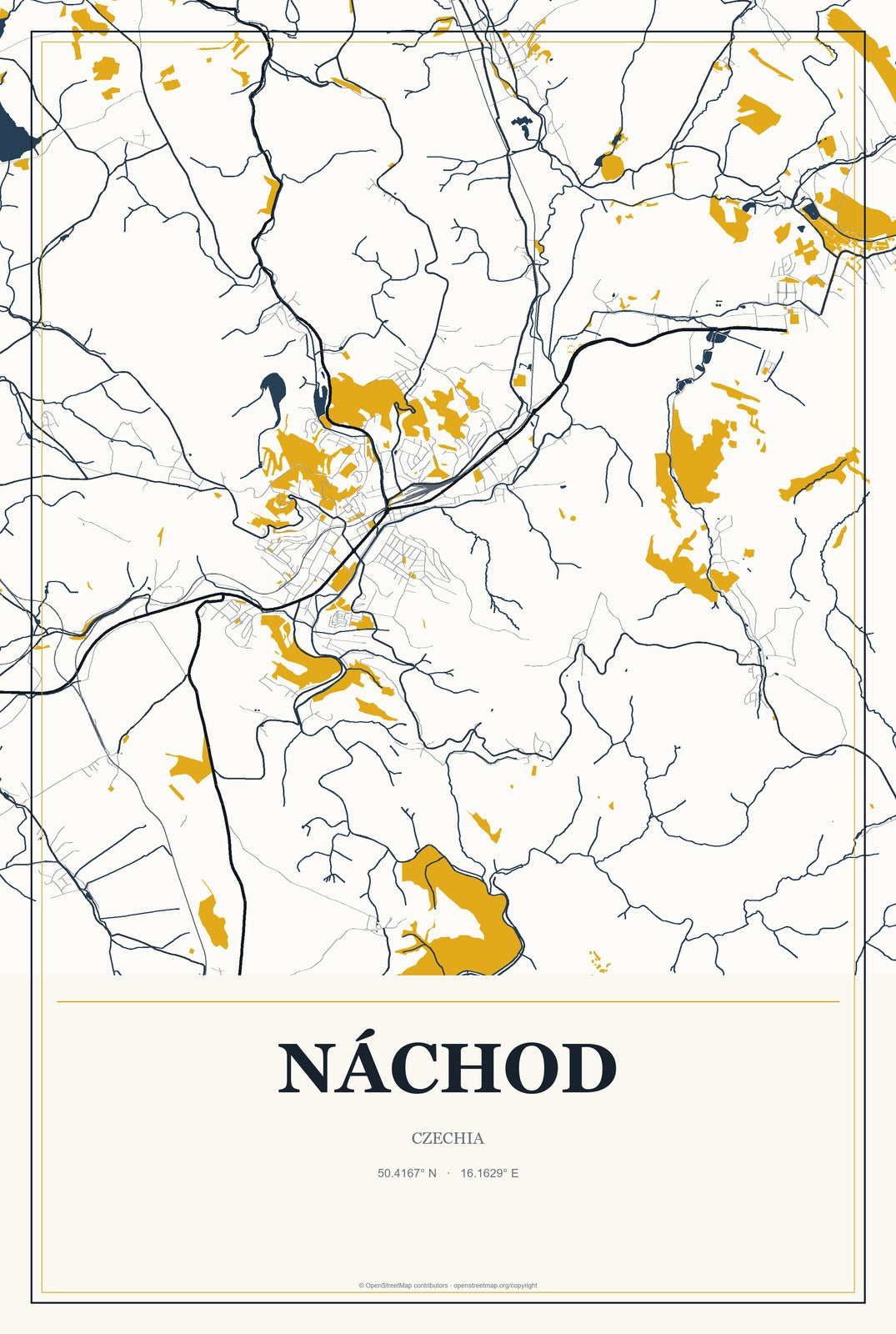 Náchod, Czechia City Map Aluminum Sign in Citrine Modern style