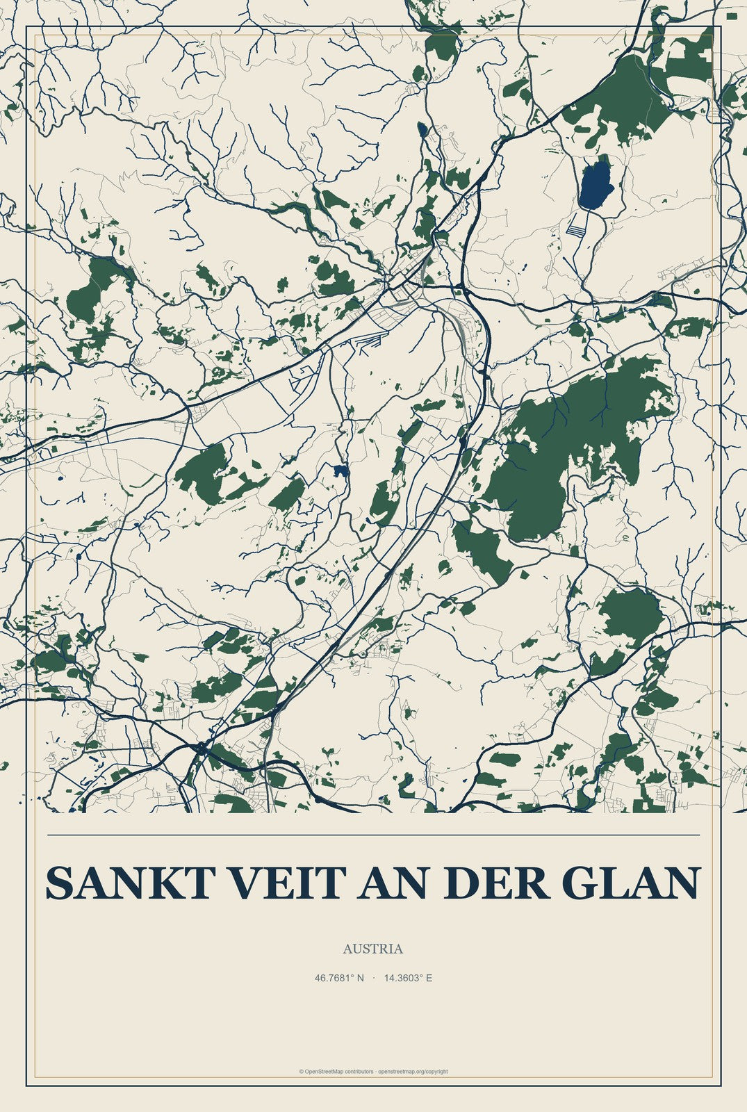 Sankt Veit an der Glan, Austria City Map Aluminum Sign in Coastal Cutout style