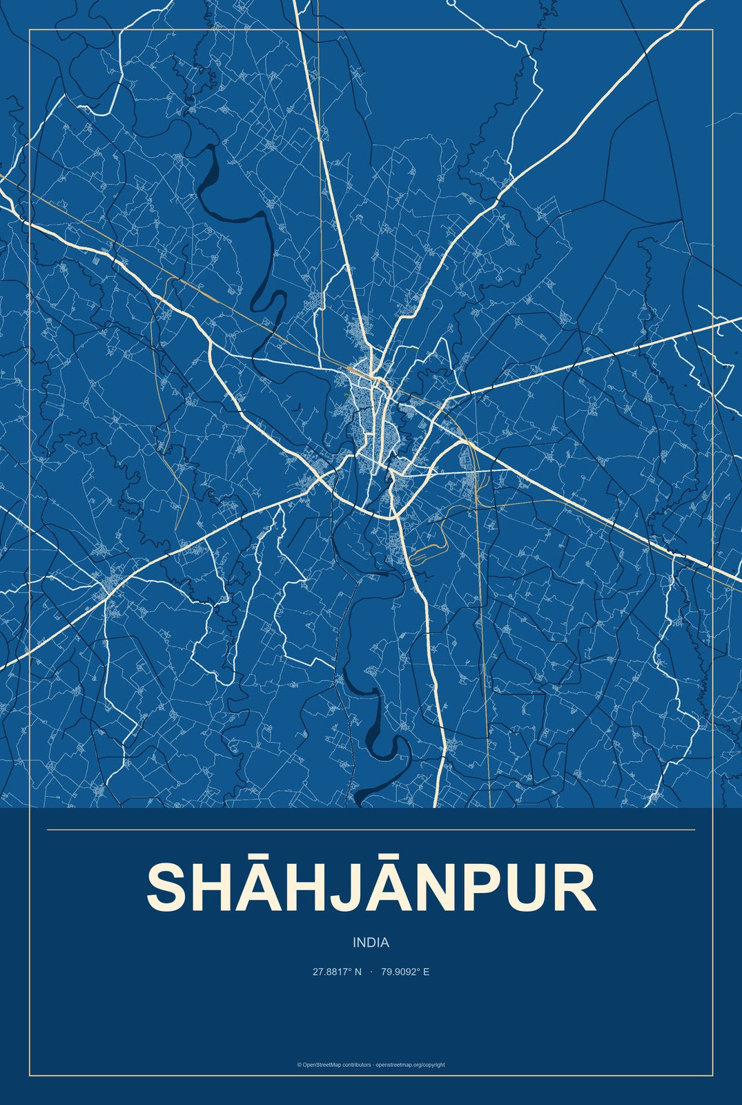 Shāhjānpur, India City Map Aluminum Sign in Harbor Cobalt style