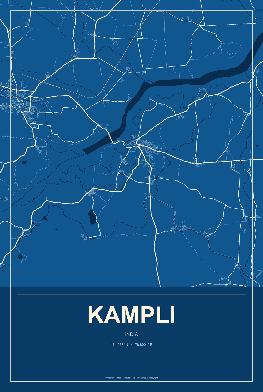 Kampli, India City Map Aluminum Sign in Harbor Cobalt style