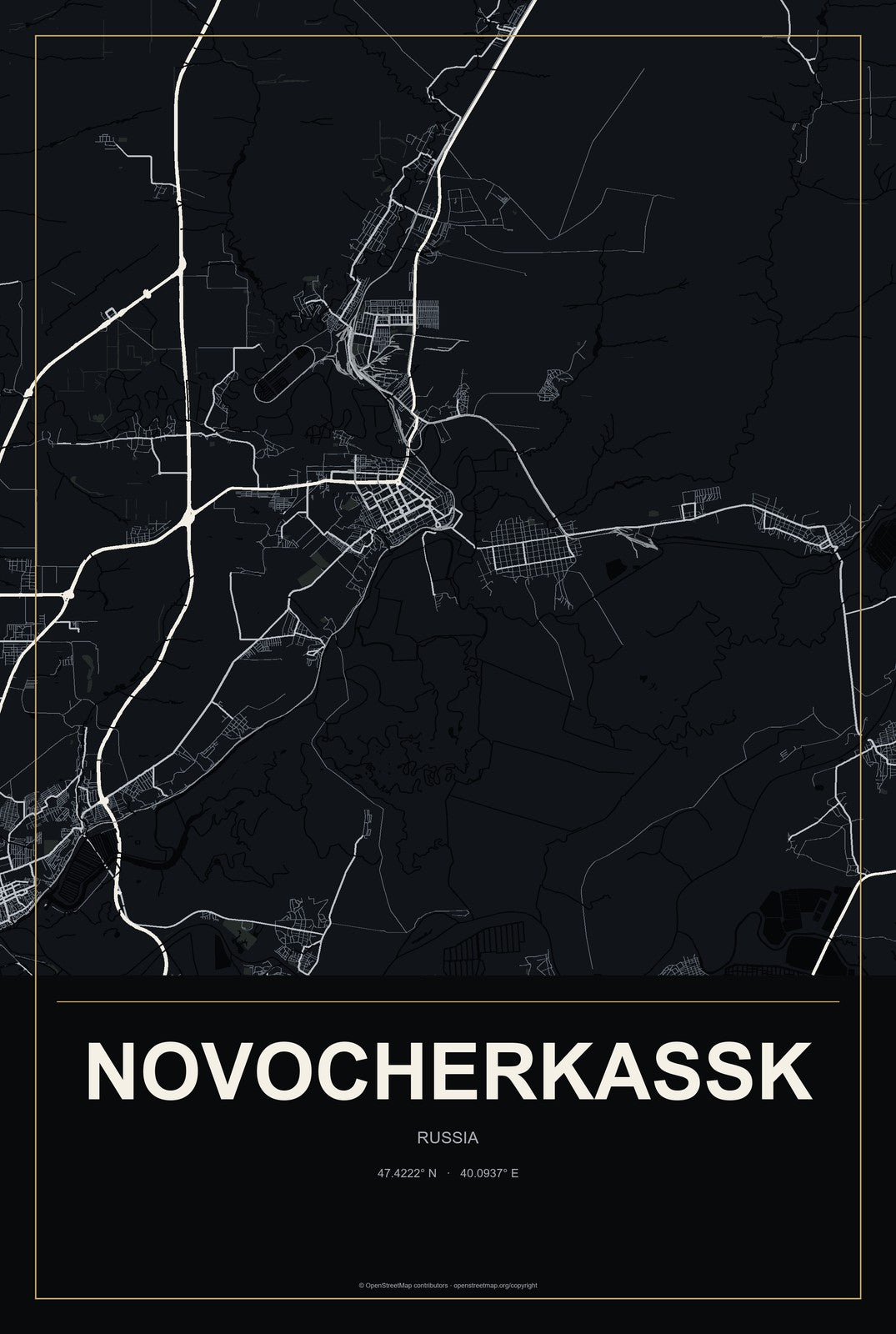 Novocherkassk, Russia City Map Aluminum Sign in Metropolitan Noir style
