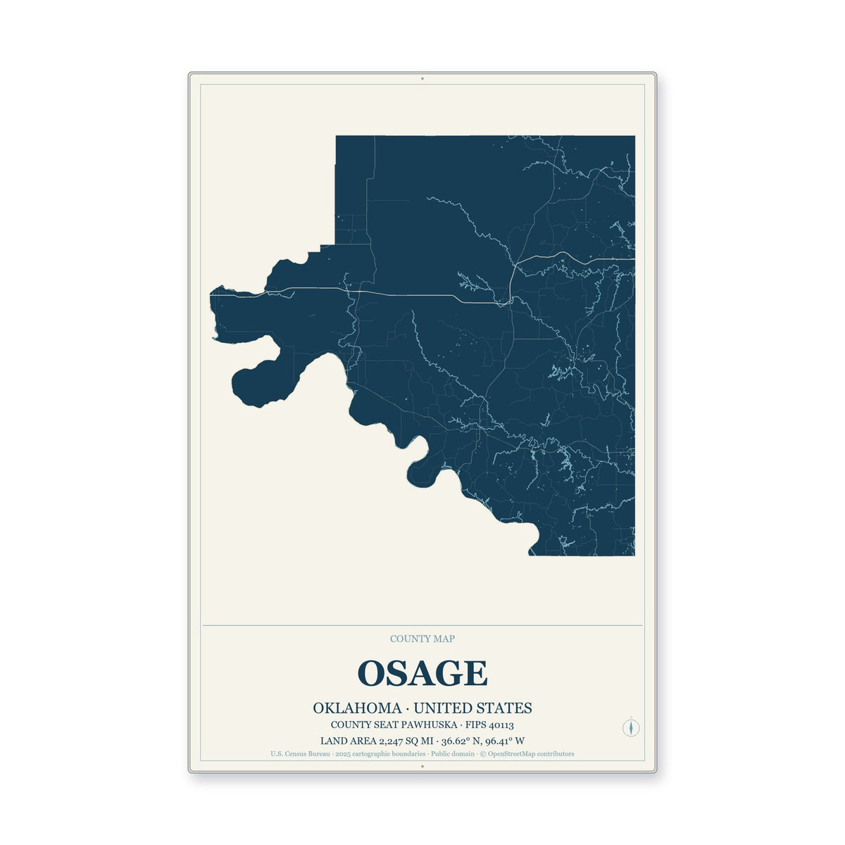 Osage County, Oklahoma Map Aluminum Sign in Coastal Cutout style