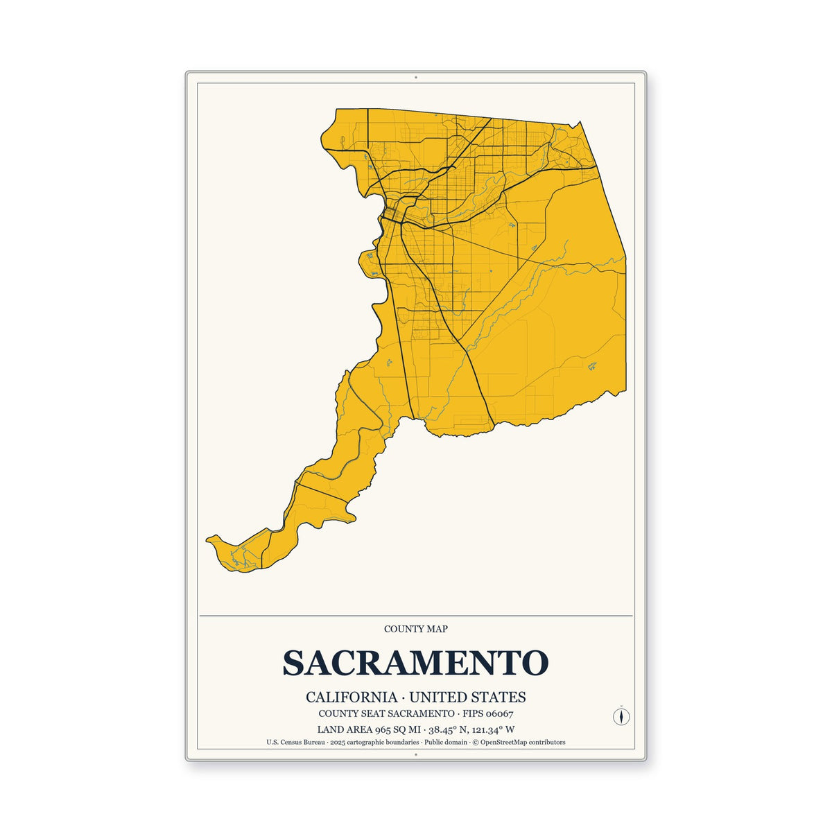 Sacramento County, California Map Aluminum Sign in Citrine Modern style