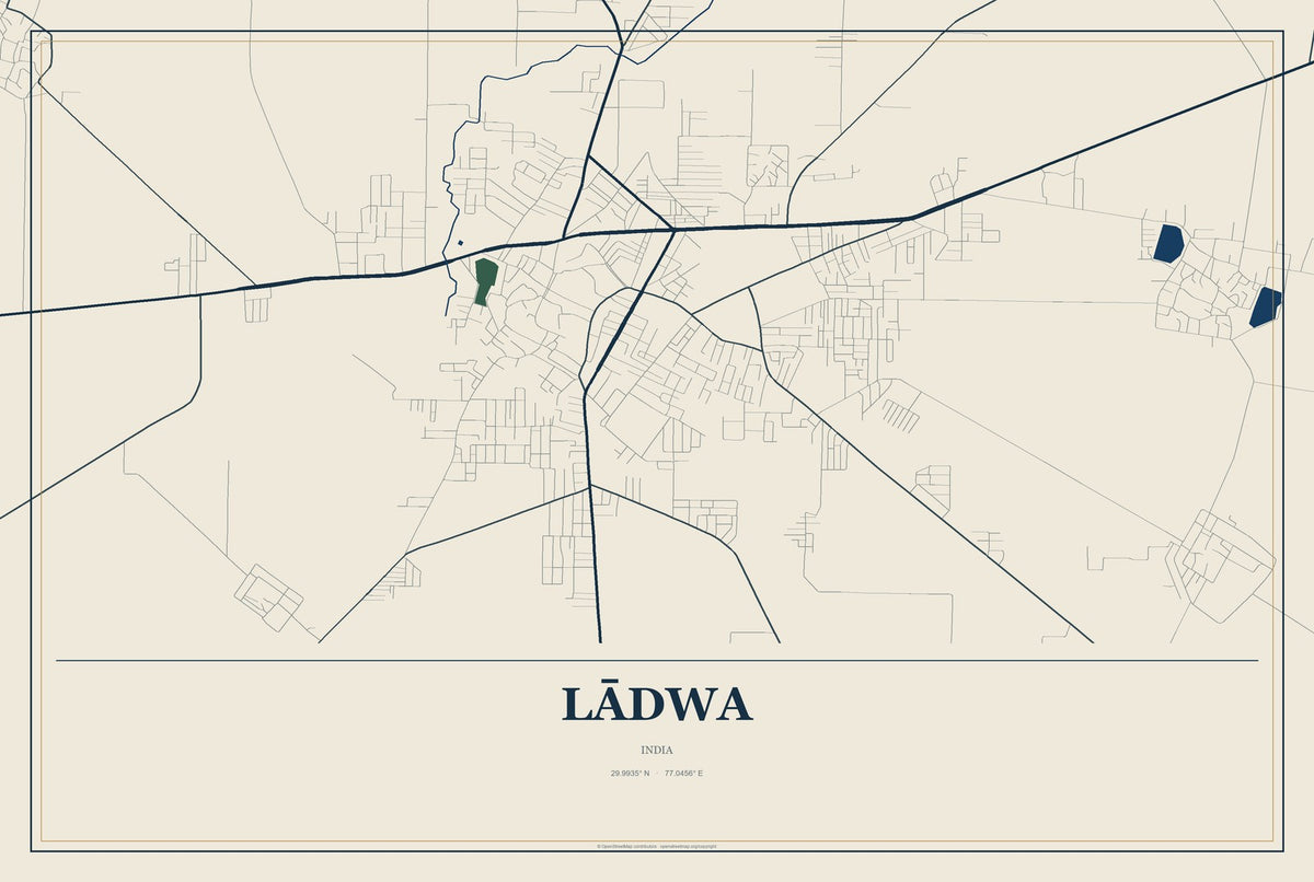 Lādwa, India City Map Aluminum Sign in Coastal Cutout style