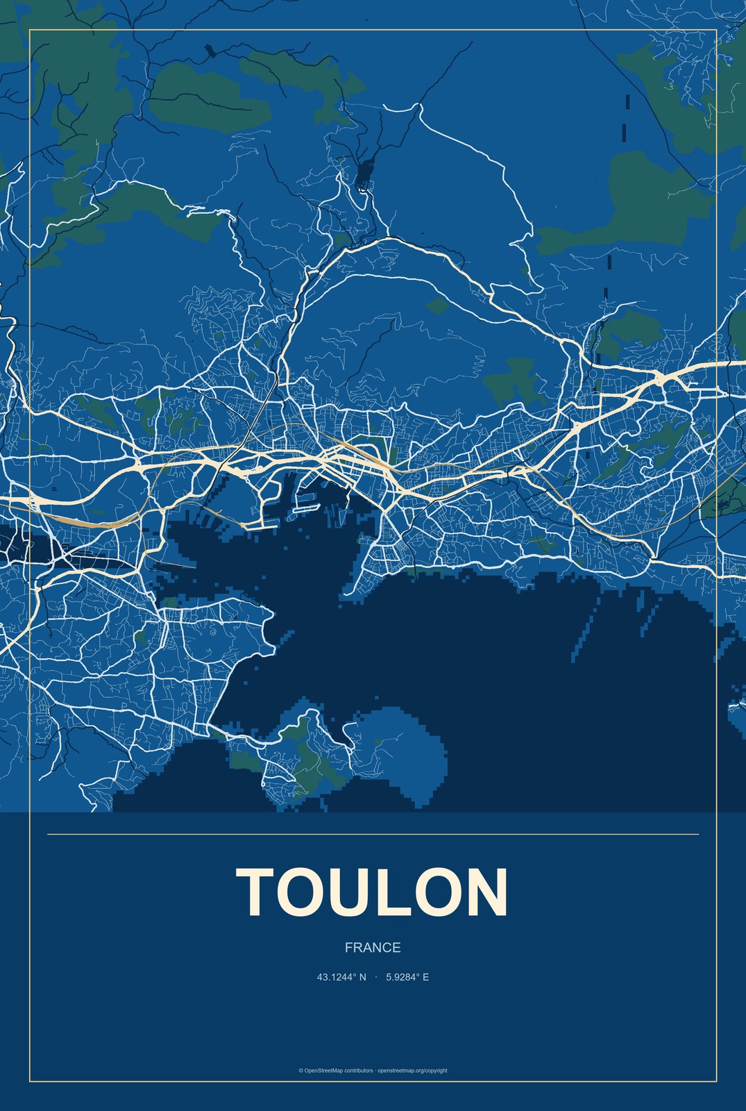 Toulon, France City Map Aluminum Sign in Harbor Cobalt style