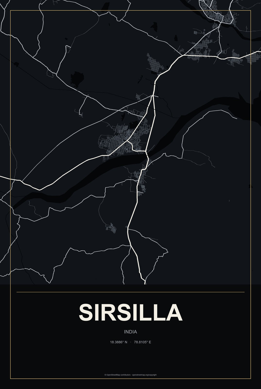 Sirsilla, India City Map Aluminum Sign in Metropolitan Noir style