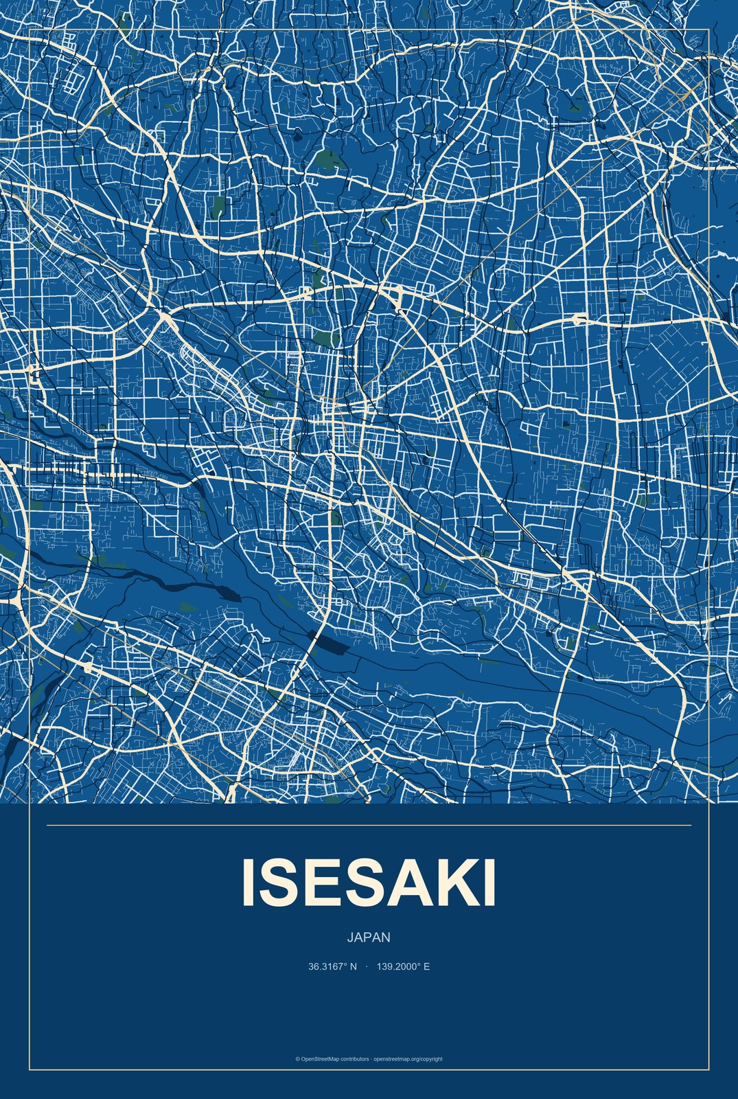 Isesaki, Japan City Map Aluminum Sign in Harbor Cobalt style