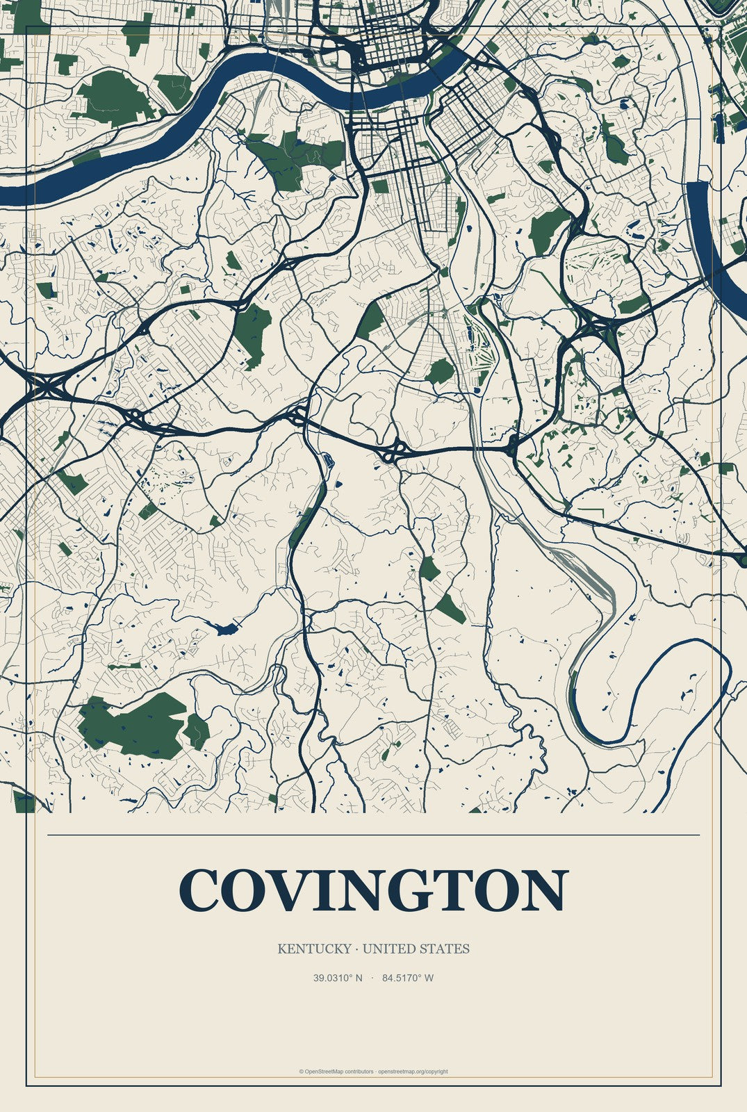 Covington, Kentucky City Map Aluminum Sign in Coastal Cutout style
