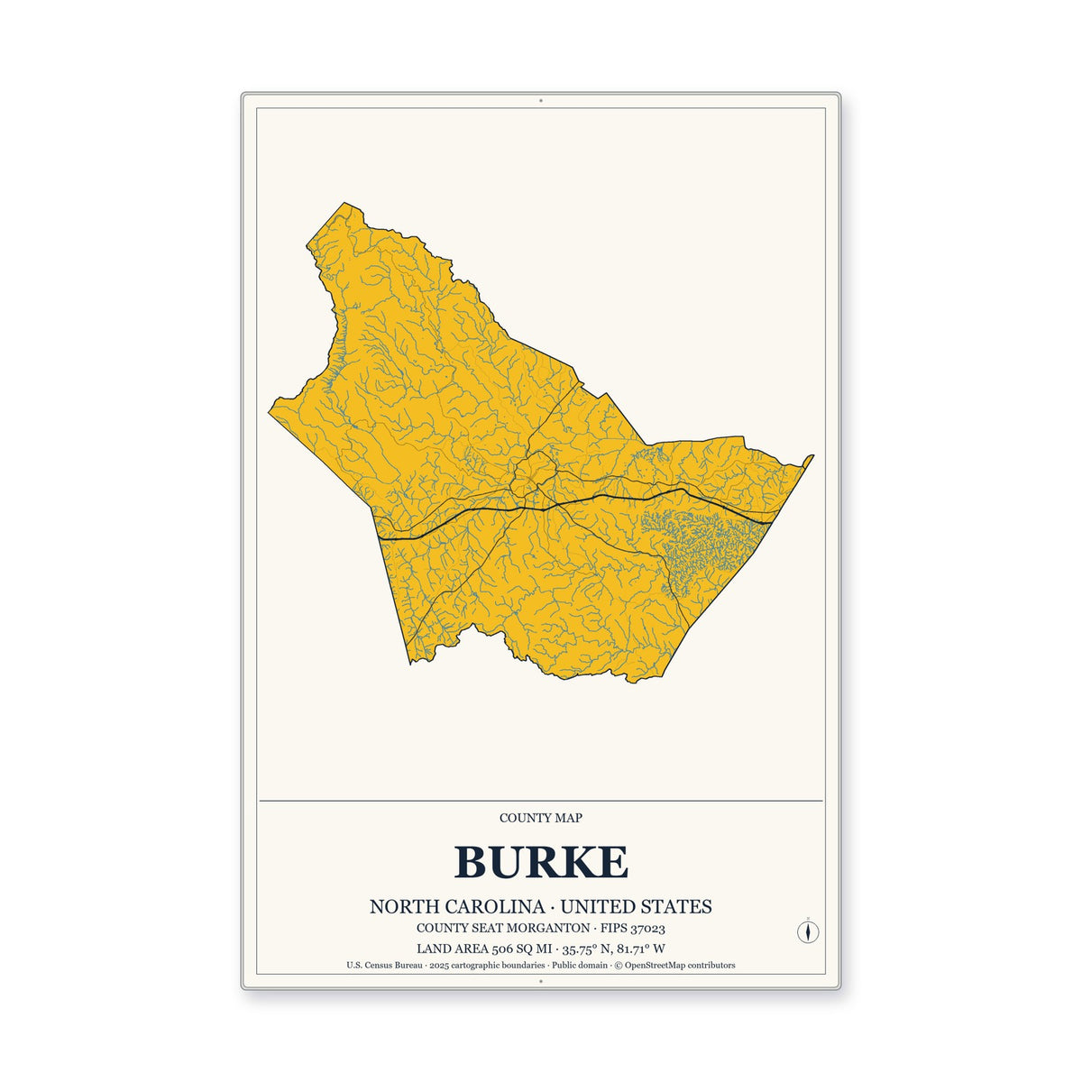 Burke County, North Carolina Map Aluminum Sign in Citrine Modern style