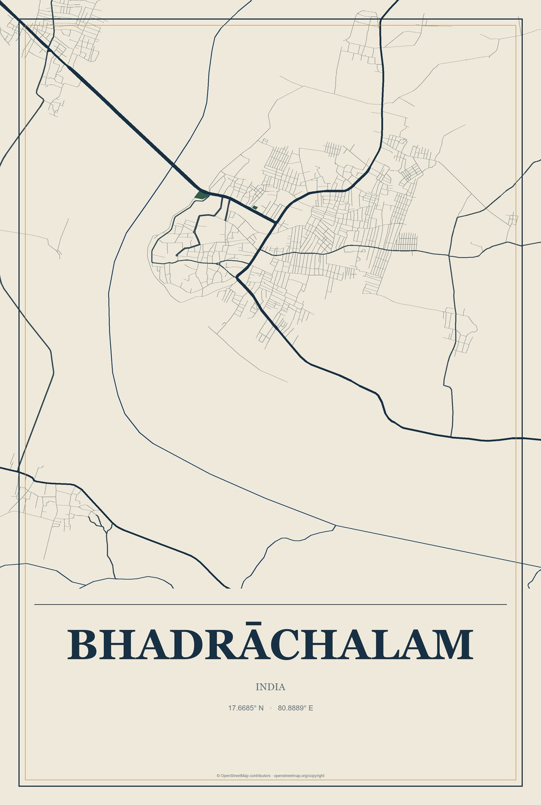 Bhadrāchalam, India City Map Aluminum Sign in Coastal Cutout style