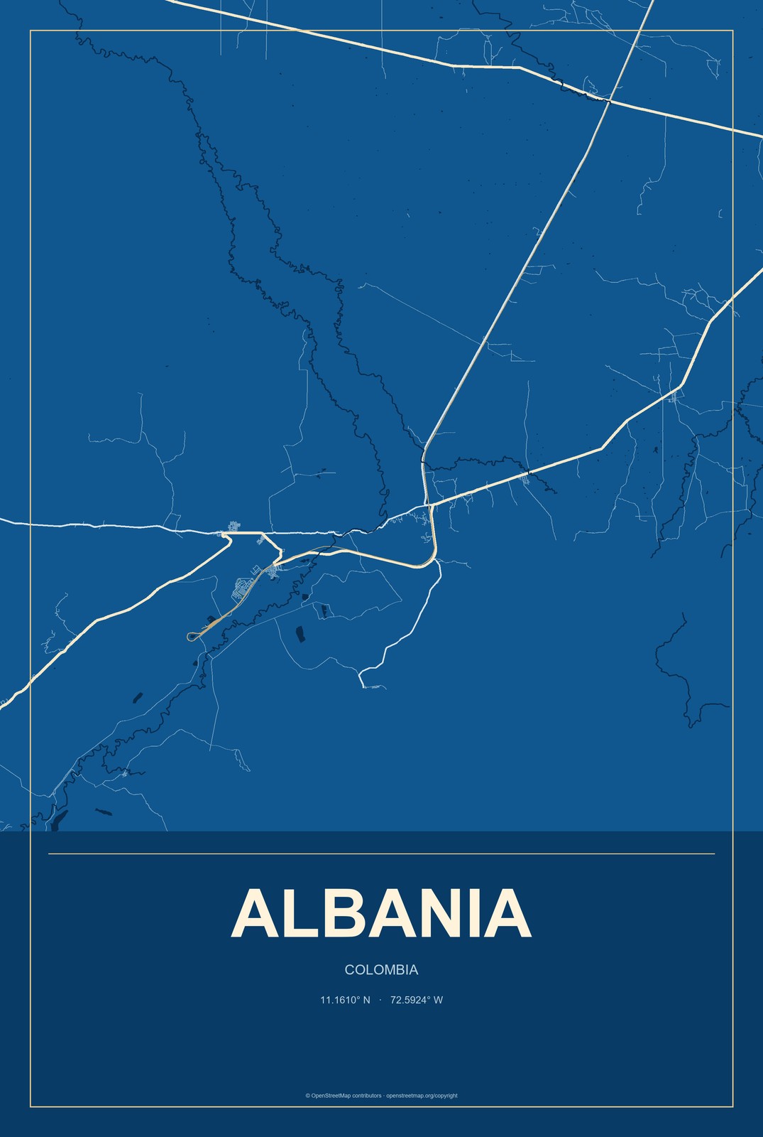 Albania, Colombia City Map Aluminum Sign in Harbor Cobalt style
