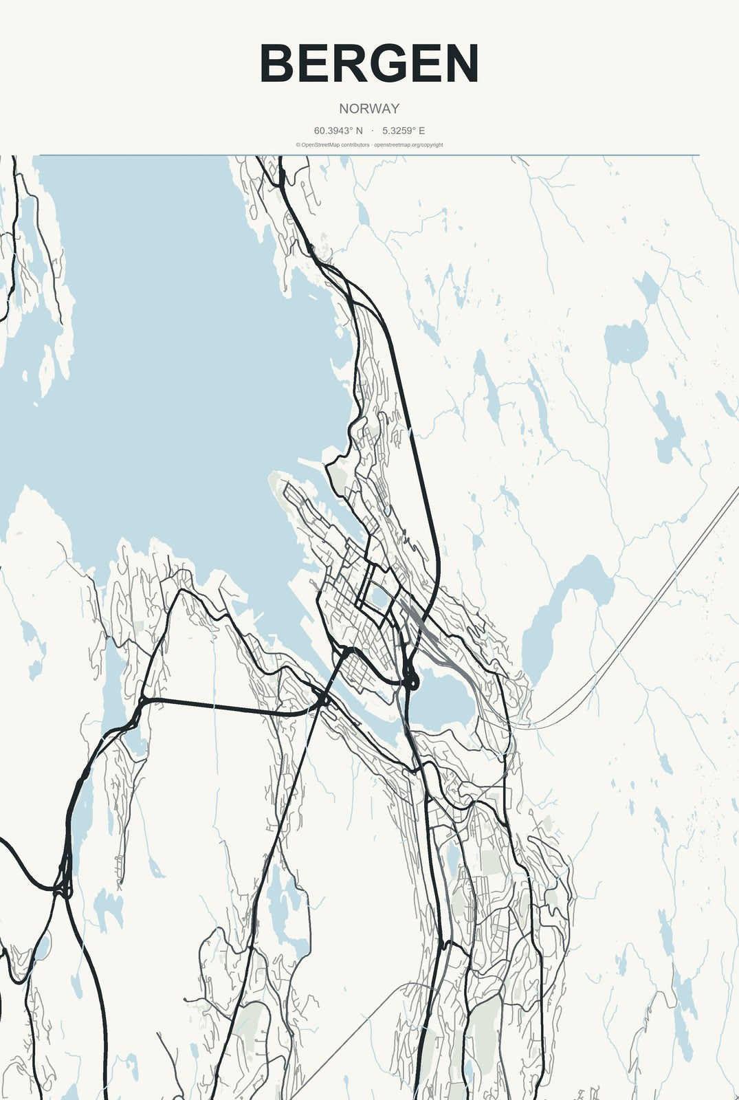 Bergen, Norway City Map Aluminum Sign in Headline Atlas style