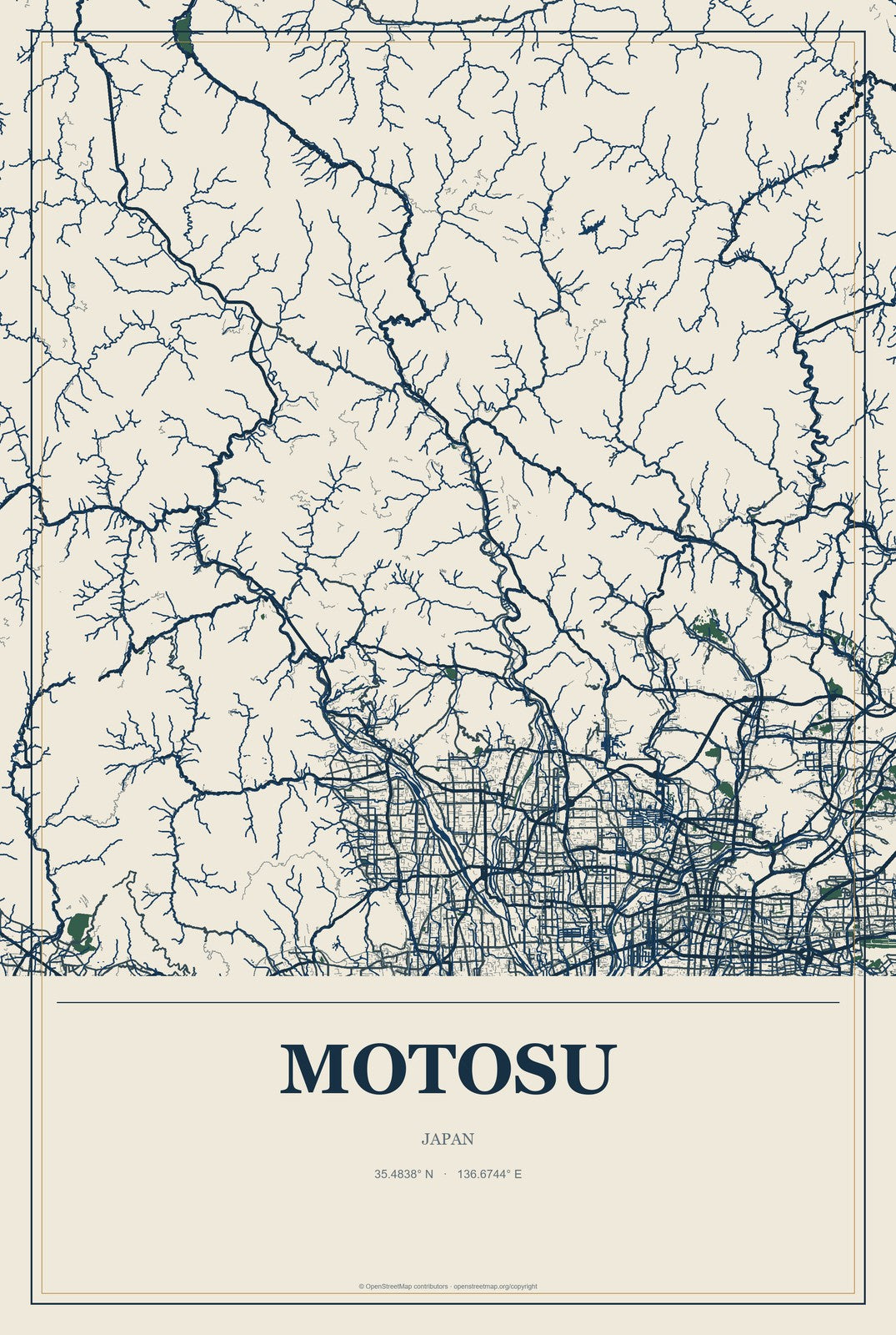 Motosu, Japan City Map Aluminum Sign in Coastal Cutout style