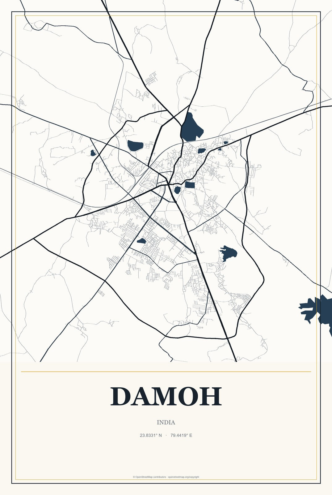 Damoh, India City Map Aluminum Sign in Citrine Modern style