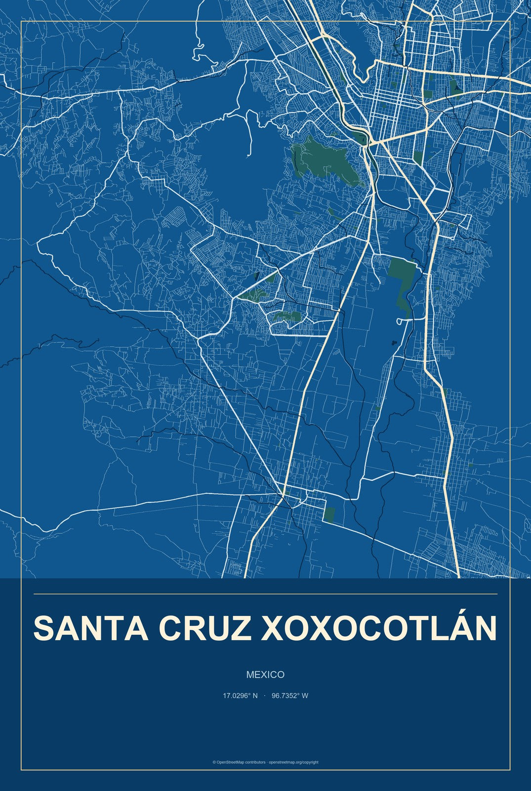Santa Cruz Xoxocotlán, Mexico City Map Aluminum Sign in Harbor Cobalt style