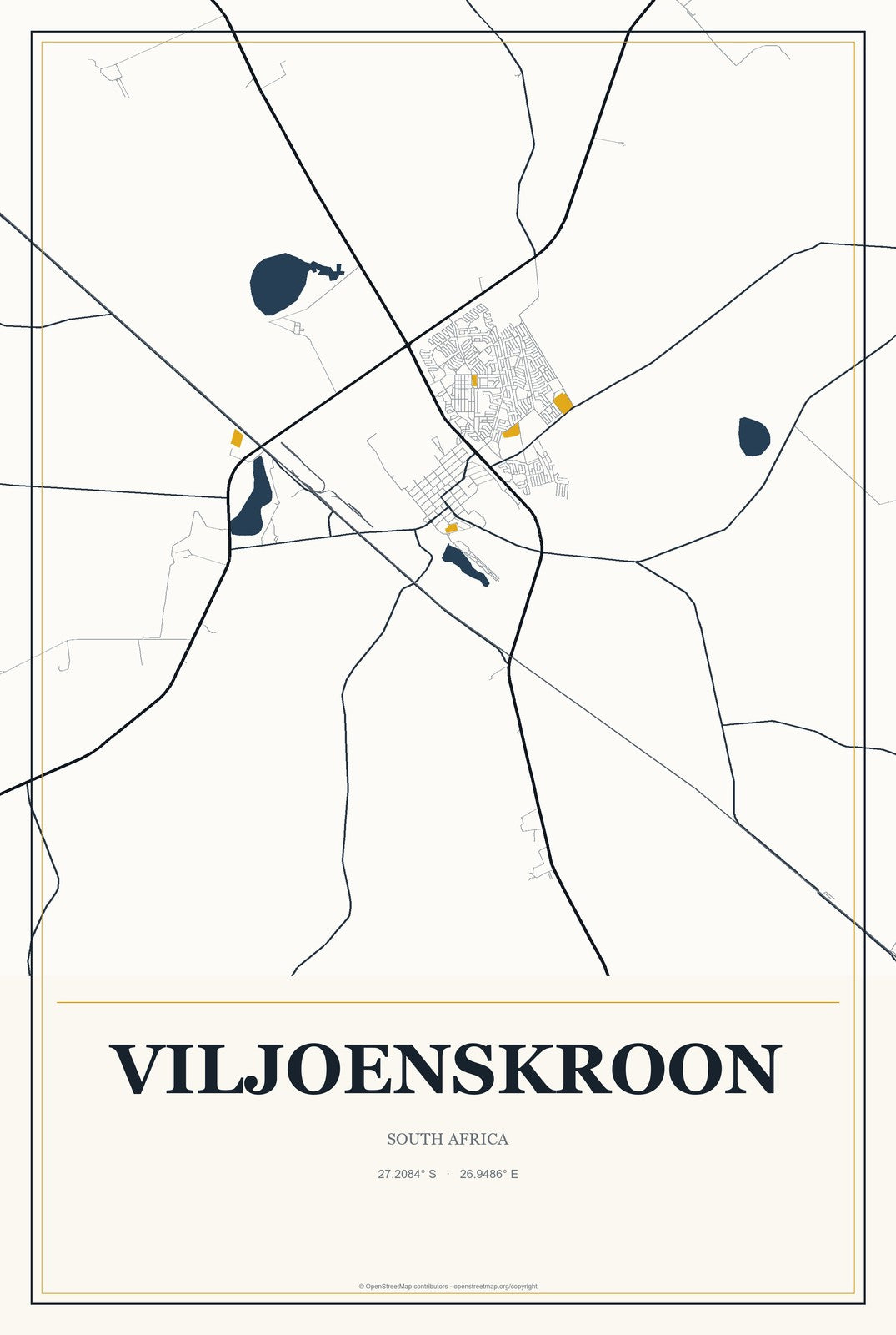 Viljoenskroon, South Africa City Map Aluminum Sign in Citrine Modern style