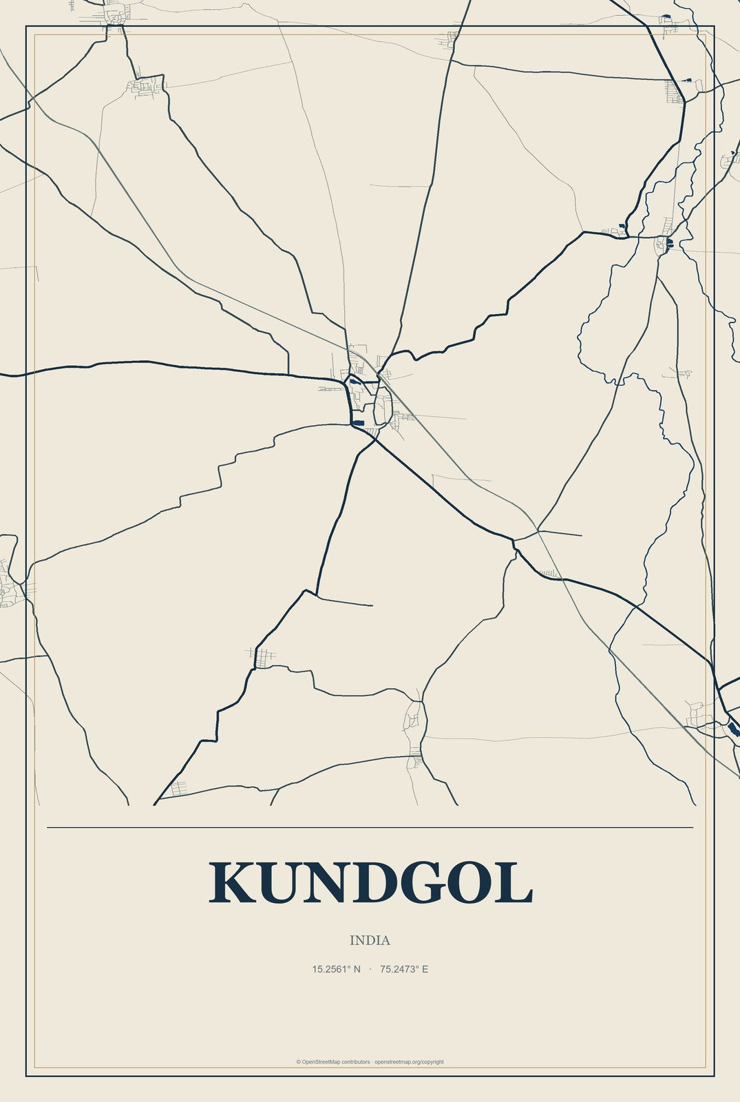 Kundgol, India City Map Aluminum Sign in Coastal Cutout style