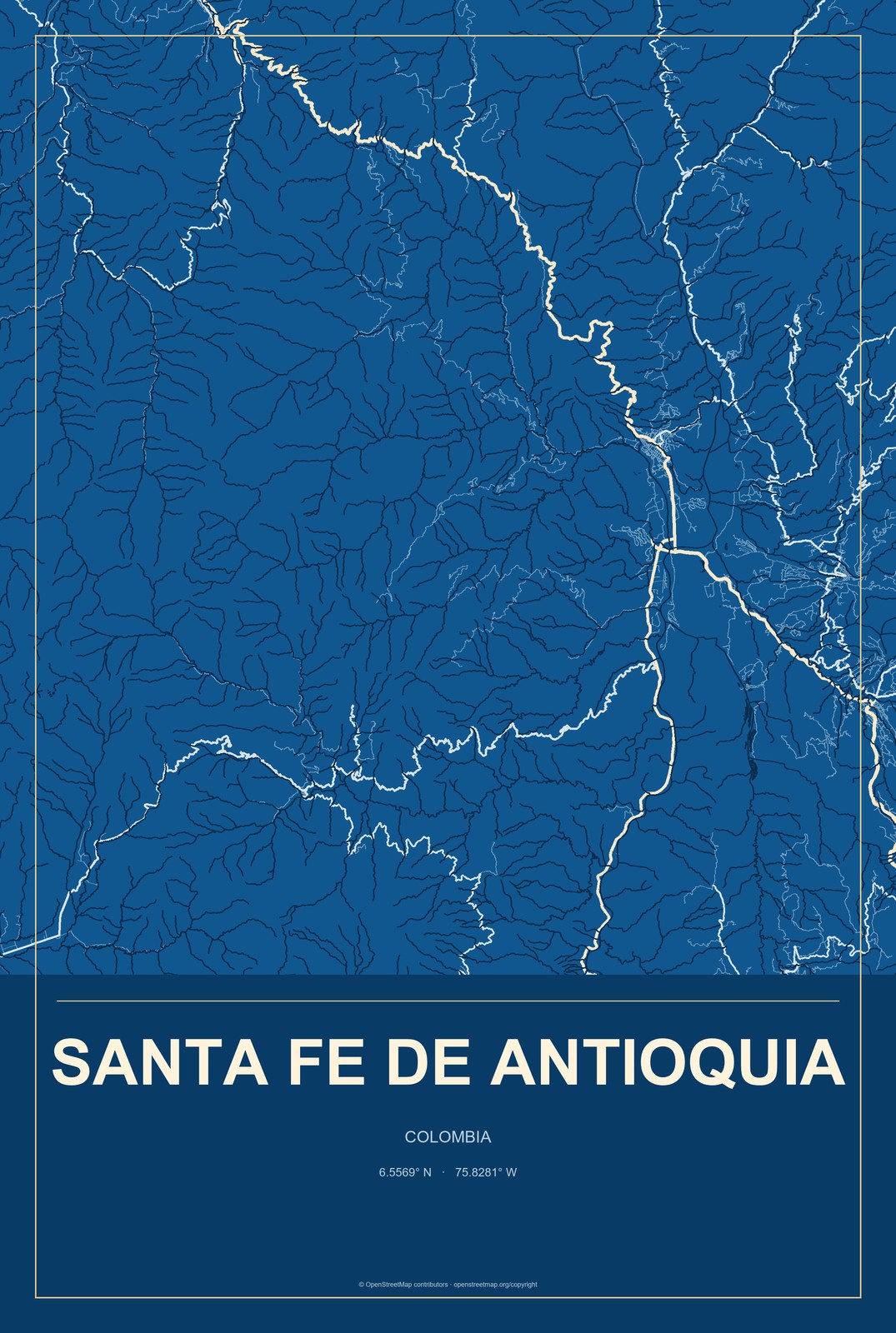 Santa Fe de Antioquia, Colombia City Map Aluminum Sign in Harbor Cobalt style
