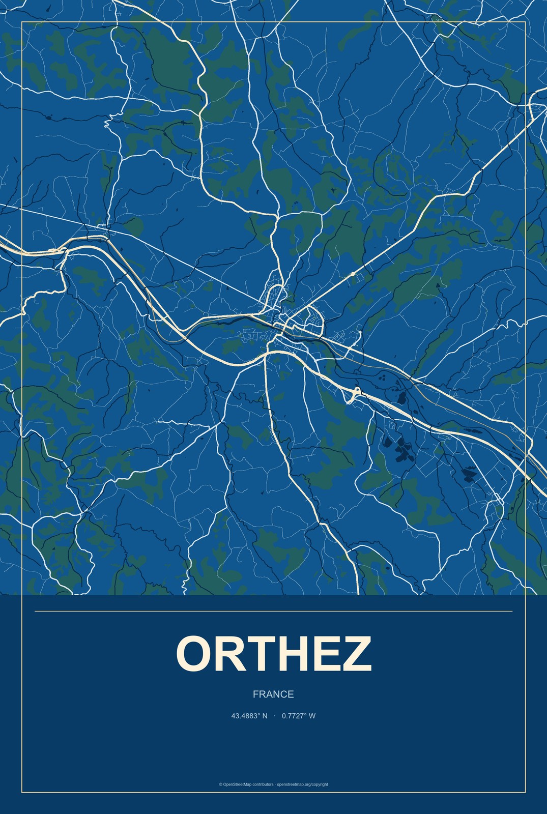 Orthez, France City Map Aluminum Sign in Harbor Cobalt style