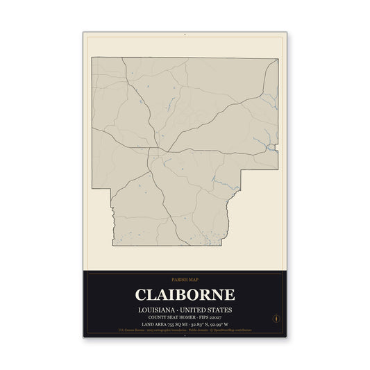 Claiborne Parish, Louisiana Map Aluminum Sign in Museum Plaque style