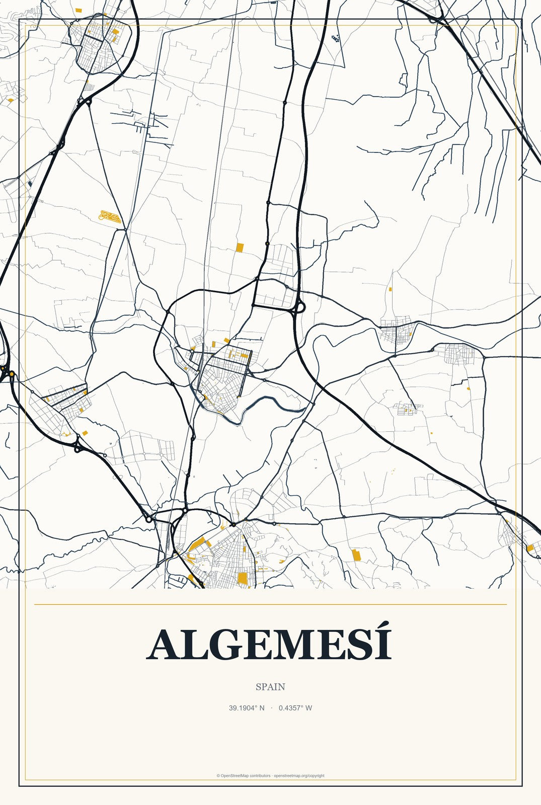Algemesí, Spain City Map Aluminum Sign in Citrine Modern style